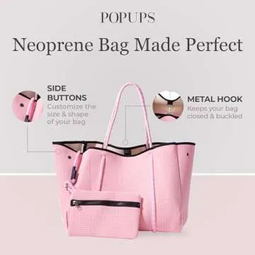 POPUPS Large Neoprene Tote Bag for Women - Everyday Designer Handbag for Travel Work and Beach with Pockets and Zipper Pouch (Barbie)