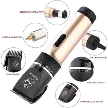 Sminiker Professional Low Noise Rechargeable Cordless Cat Dog Horse Clippers Professional Pet Clippers Grooming Kit,Animal Clippers Pet Grooming Kit(Gold)
