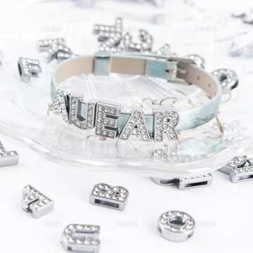 AUEAR, 52 Pack Silver A-Z 8mm Full Rhinestone Slide Crystal Alphabet Alloy Letter Charm for Bracelets Necklace Wristbands DIY Jewelry Making