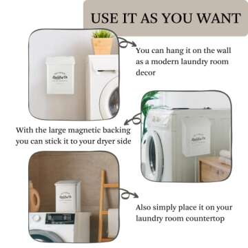 MONJITA Magnetic Lint Bin for Laundry Room, Metal Trash Can with Lid for Dryer, Farmhouse Lint Holder, Laundry Co Sign, Laundry Room Storage Decor with Dryer Lint Brush(White)