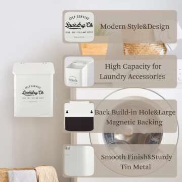 MONJITA Magnetic Lint Bin for Laundry Room, Metal Trash Can with Lid for Dryer, Farmhouse Lint Holder, Laundry Co Sign, Laundry Room Storage Decor with Dryer Lint Brush(White)