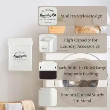 MONJITA Magnetic Lint Bin for Laundry Room, Metal Trash Can with Lid for Dryer, Farmhouse Lint Holder, Laundry Co Sign, Laundry Room Storage Decor with Dryer Lint Brush(White)