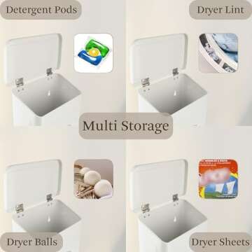 MONJITA Magnetic Lint Bin for Laundry Room, Metal Trash Can with Lid for Dryer, Farmhouse Lint Holder, Laundry Co Sign, Laundry Room Storage Decor with Dryer Lint Brush(White)