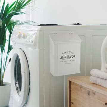 MONJITA Magnetic Lint Bin for Laundry Room, Metal Trash Can with Lid for Dryer, Farmhouse Lint Holder, Laundry Co Sign, Laundry Room Storage Decor with Dryer Lint Brush(White)