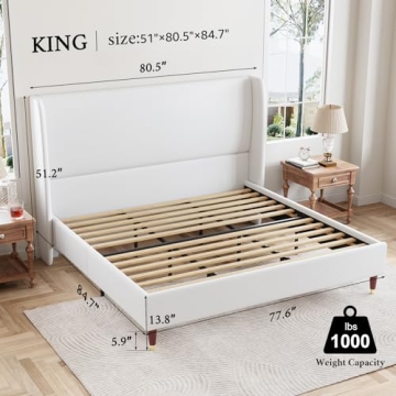 Sturdy Upholstered King Bed Frame with Wingback Design