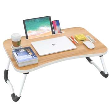 BUYIFY Folding Lap Desk, 23 Inch Portable Wood Yellow Laptop Bed Desk Lap Desk with Cup Holder, for ...