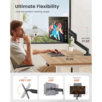 ErGear Single Monitor Arm for 13-32 inch Screens, Adjustable Gas Spring Monitor Mount Holds up to 22 lbs, Computer Monitor Stand with VESA Mount, C-Clamp & Grommet Base, Max VESA 100x100mm, EGSS15B