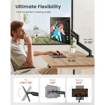 ErGear Single Monitor Arm for 13-32 inch Screens, Adjustable Gas Spring Monitor Mount Holds up to 22 lbs, Computer Monitor Stand with VESA Mount, C-Clamp & Grommet Base, Max VESA 100x100mm, EGSS15B