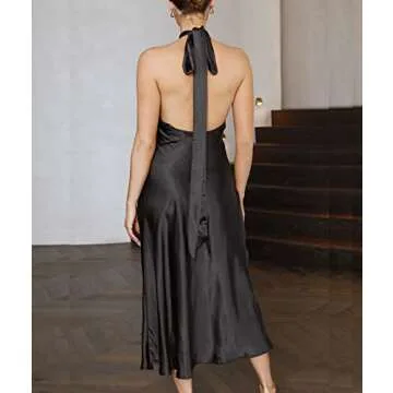 Women's 2023 Summer Satin Dress Elegant Sleeveless Halter Tie Neck Backless Cocktail Party Maxi Dresses with Slit