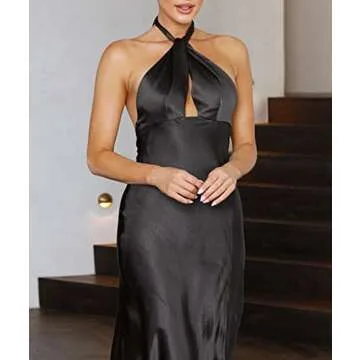 Women's 2023 Summer Satin Dress Elegant Sleeveless Halter Tie Neck Backless Cocktail Party Maxi Dresses with Slit