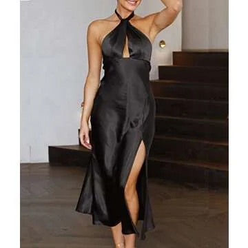 Women's 2023 Summer Satin Dress Elegant Sleeveless Halter Tie Neck Backless Cocktail Party Maxi Dresses with Slit