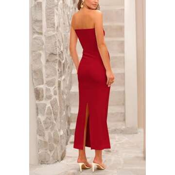 PRETTYGARDEN Women's Bodycon Long Dresses Summer Strapless Tube Twist Knot Front Ribbed Knit Maxi Cocktail Dress with Slit (Red,Small)
