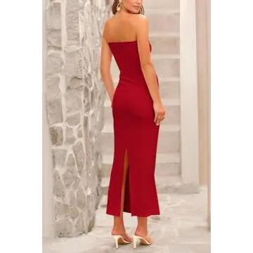 PRETTYGARDEN Women's Bodycon Long Dresses Summer Strapless Tube Twist Knot Front Ribbed Knit Maxi Cocktail Dress with Slit (Red,Small)