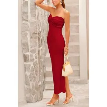 PRETTYGARDEN Women's Bodycon Long Dresses Summer Strapless Tube Twist Knot Front Ribbed Knit Maxi Cocktail Dress with Slit (Red,Small)