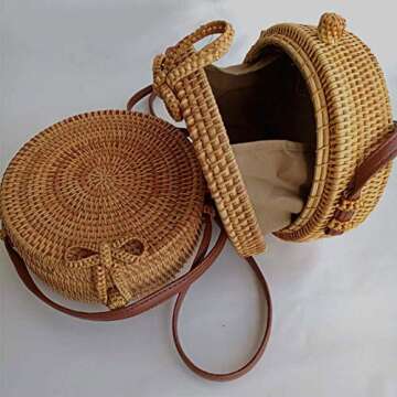 Forart Handwoven Round Rattan Bag Shoulder Leather Straps Natural Chic Crossbody Bags(Ship from USA)
