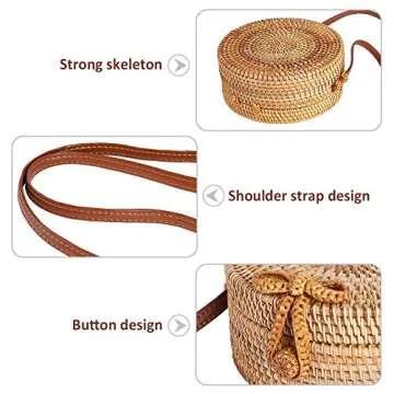 Forart Handwoven Round Rattan Bag Shoulder Leather Straps Natural Chic Crossbody Bags(Ship from USA)