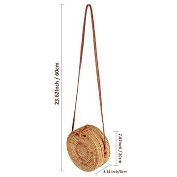 Forart Handwoven Round Rattan Bag Shoulder Leather Straps Natural Chic Crossbody Bags(Ship from USA)