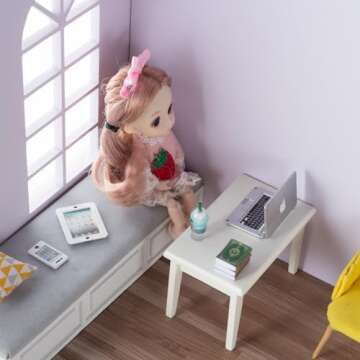 12Pcs Dollhouse Miniature Laptop Computer Tablet Phone Lamp Book Glasses Coffee Headset Simulation Accessories 1/12 1/6 Toy Pad Play Set Fits Barbie Doll Girl Mini Drink Party Office