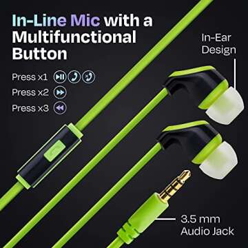 JustJamz 10 Pack Wired Earbuds with Microphone, Bulk Earphones for Classroom, Office, or Travel, Noi...