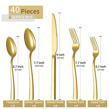 Gold Silverware Set, Briout 40 Piece Stainless Steel Flatware Cutlery Set Service for 8 Luxury Squar...