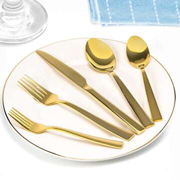 Gold Silverware Set, Briout 40 Piece Stainless Steel Flatware Cutlery Set Service for 8 Luxury Square Tableware Thick Knife Fork Spoon for Home Kitchen Restaurant Wedding, Mirror Polished