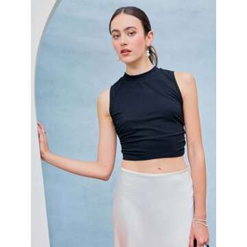 CIDER Womens Summer Tops Crop Tops for Women Womens Tank Tops Mimi Cuttrell Solid Sleeveless Ruched Crop Top: Black, M