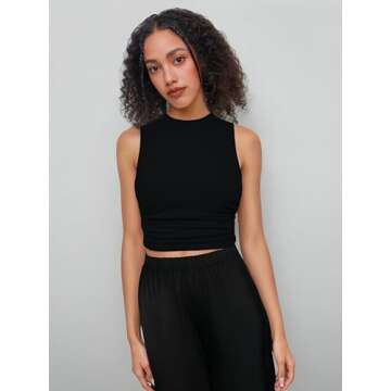 CIDER Womens Summer Tops Crop Tops for Women Womens Tank Tops Mimi Cuttrell Solid Sleeveless Ruched Crop Top: Black, M