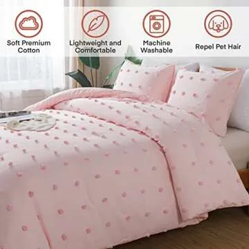 Paxrac Tufted Pink Full Comforter Set (80x90 inches), 3 Pieces- Soft Cotton Blush Lightweight Comforter with 2 Pillowcases, Chenille Dots All Season Down Alternative Comforter Set for Bedding