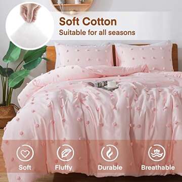 Paxrac Tufted Pink Full Comforter Set (80x90 inches), 3 Pieces- Soft Cotton Blush Lightweight Comforter with 2 Pillowcases, Chenille Dots All Season Down Alternative Comforter Set for Bedding