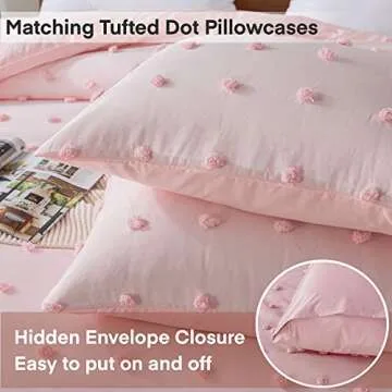 Paxrac Tufted Pink Full Comforter Set (80x90 inches), 3 Pieces- Soft Cotton Blush Lightweight Comforter with 2 Pillowcases, Chenille Dots All Season Down Alternative Comforter Set for Bedding