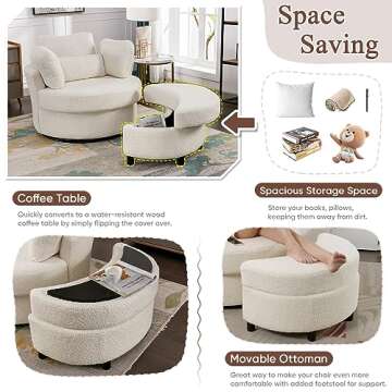 JEEOHEY Swivel Chair with Storage Ottoman, 42-inch Oversized Modern Teddy Fabric Club 360 Degree Swivel Barrel Accent Sofa Arm Chair for Nursery, Living Room, Hotel, Bedroom, Office, Ivory