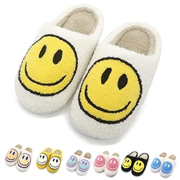 Cute Smile Face Slippers, Fuupnn Retro Soft Plush Furry Fluffy Indoor Outdoor Shoes Comfy Warm Fleec...