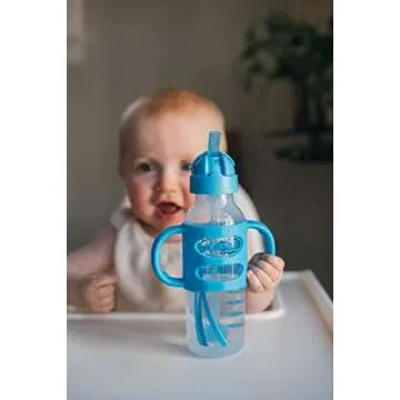 Dr. Brown's Milestones Narrow Sippy Straw Bottle, Spill-Proof with 100% Silicone Handles and Weighted Straw, 8 oz/250 mL, Blue, 6m+