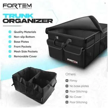 FORTEM Car Trunk Organizer, Collapsible Multi Compartment Car Organizer, Foldable SUV Storage for Car Accessories for Women Men, Soft Cover (Black)