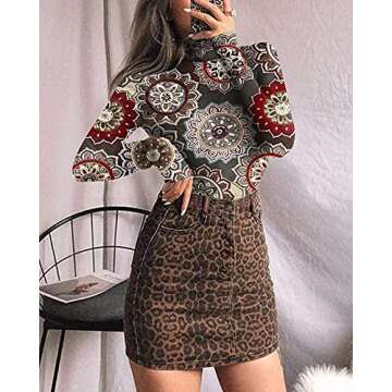 MANGOPOP Women's Mock Turtle Neck Long Sleeve Tops Bodysuit Jumpsuit (Long Sleeve 2#Multi-Flower, Small)