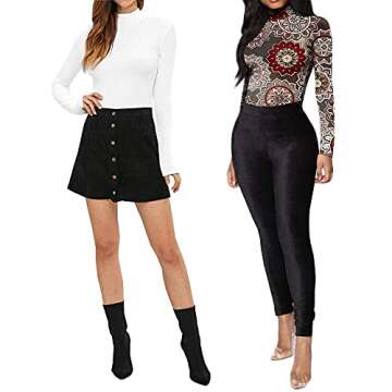 MANGOPOP Women's Mock Turtle Neck Long Sleeve Tops Bodysuit Jumpsuit (Long Sleeve 2#Multi-Flower, Small)