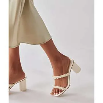 Guayonng Womens Chunky Heeled Sandals Pearl Strappy Open Square Toe Slip-on Block Heels Backless Mules Shoes