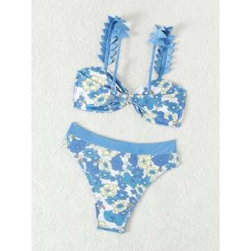OYOANGLE Women's 2 Piece Floral Print Twist Front Bikini Swimsuits Ruffle Strap Bathing Suit Blue Multi X-Large