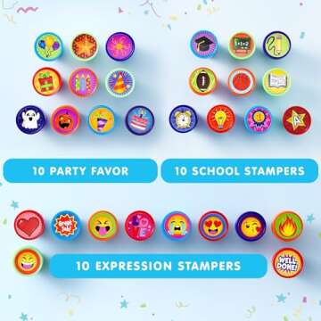 JOYIN 50 Pcs Assorted Stamps for Kids - Self-Ink Stamps with 50 Designs for Birthday Party Favor, Carnival Prizes, School Stampers, Goodie Bag, Halloween, Christmas (Zoo, Holiday Stampers)