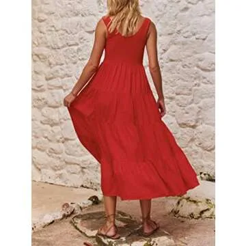 R.Vivimos Women's Summer Sleeveless Tank Dress Boho Casual Smocked Backless Tiered Ruffle Flowy Midi Dress (Medium, Red)