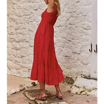R.Vivimos Women's Summer Sleeveless Tank Dress Boho Casual Smocked Backless Tiered Ruffle Flowy Midi Dress (Medium, Red)