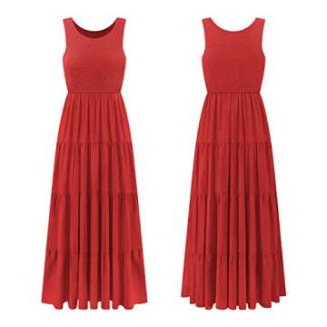 R.Vivimos Women's Summer Sleeveless Tank Dress Boho Casual Smocked Backless Tiered Ruffle Flowy Midi Dress (Medium, Red)