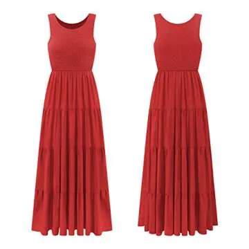 R.Vivimos Women's Summer Sleeveless Tank Dress Boho Casual Smocked Backless Tiered Ruffle Flowy Midi Dress (Medium, Red)