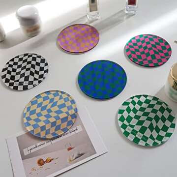 Kelendle Creative Acrylic Coasters Set of 6 Round Checkerboard Abstract Cup Mat Pad Mosaic Absorbent...