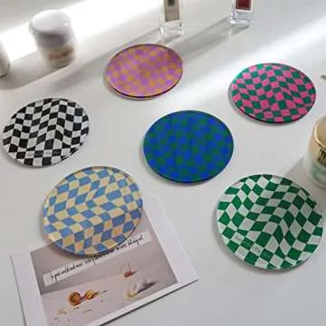 Kelendle Creative Acrylic Coasters Set of 6 Round Checkerboard Abstract Cup Mat Pad Mosaic Absorbent...