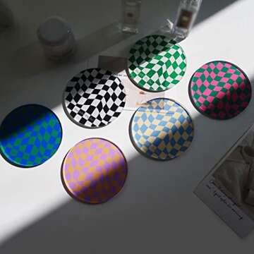 Kelendle Creative Acrylic Coasters Set of 6 Round Checkerboard Abstract Cup Mat Pad Mosaic Absorbent Coasters for Drinks Tabletop Protection for Table Bar Desk Home Decor Housewarming Gift