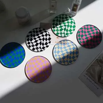 Kelendle Creative Acrylic Coasters Set of 6 Round Checkerboard Abstract Cup Mat Pad Mosaic Absorbent Coasters for Drinks Tabletop Protection for Table Bar Desk Home Decor Housewarming Gift