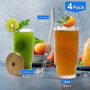 Naeety 16OZ Ribbed Glass Cups with Lids and Straws, Ribbed Glassware Set of 4, Drinking Glasses with Bamboo Lid, Vintage Fluted Glassware for Cocktail Whiskey Glass, Iced Coffee Aesthetic Cup