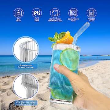 Naeety 16OZ Ribbed Glass Cups with Lids and Straws, Ribbed Glassware Set of 4, Drinking Glasses with Bamboo Lid, Vintage Fluted Glassware for Cocktail Whiskey Glass, Iced Coffee Aesthetic Cup