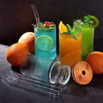 Naeety 16OZ Ribbed Glass Cups with Lids and Straws, Ribbed Glassware Set of 4, Drinking Glasses with Bamboo Lid, Vintage Fluted Glassware for Cocktail Whiskey Glass, Iced Coffee Aesthetic Cup
